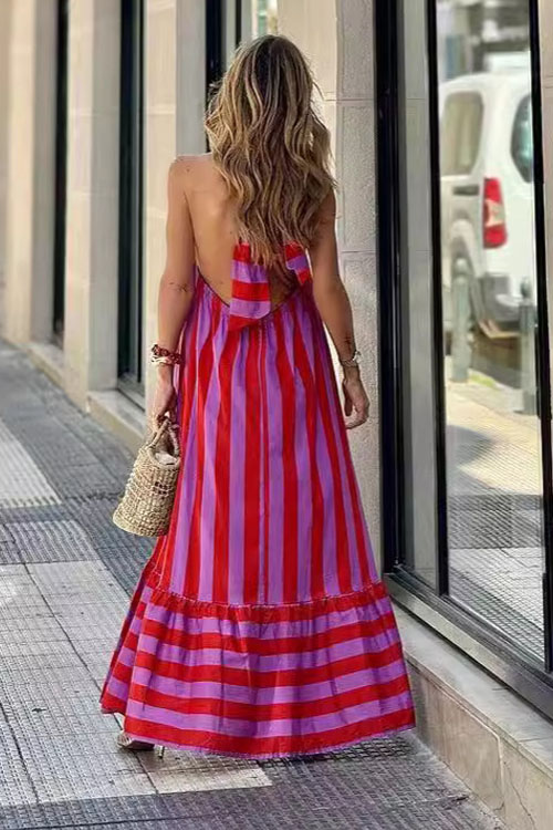 Nonnadress Neckless Backless Striped Printed Long Dress