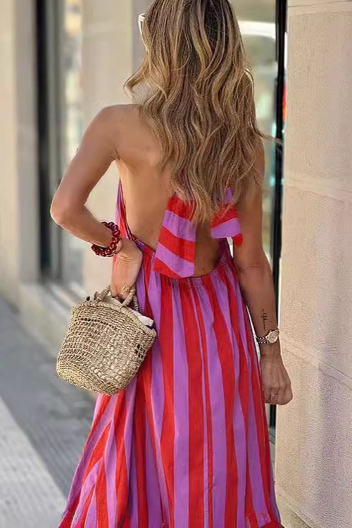 Nonnadress Neckless Backless Striped Printed Long Dress