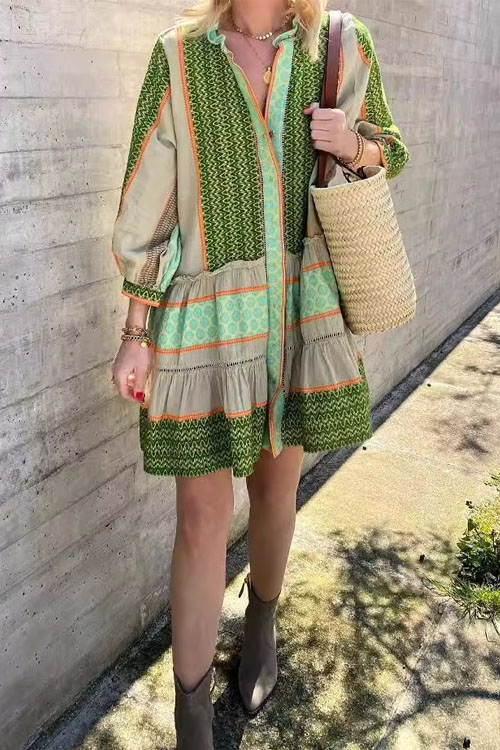 Kathiadress Printed Positioning Linen Cotton Seven-point Sleeve Short Skirt Dress