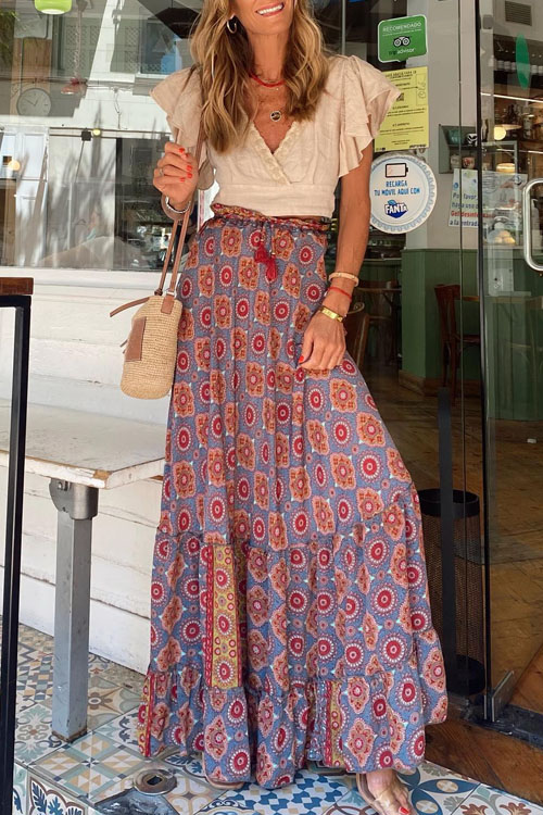 Nonnadress Street Style Chic Women's Wear Printed Maxi Skirt Ruffle Hem Skirt Midi Skirt