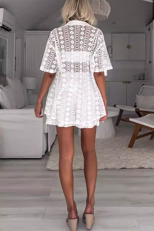 Nonnadress Casual White Lace Hollow-out Short Sleeve Cardigan & Shorts Two-piece Set