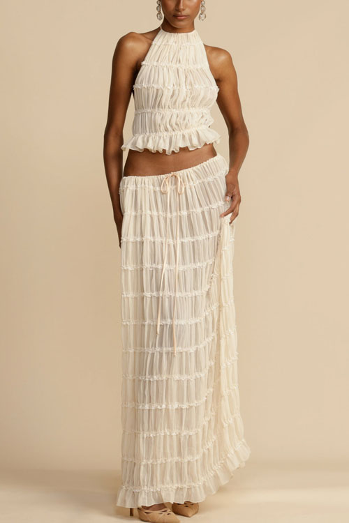 Nonnadress Backless Lace Up Hanging Neck Top Set Wooden Ear Chiffon Pleated Long Skirt Two-piece Set