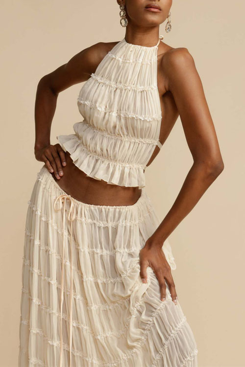 Nonnadress Backless Lace Up Hanging Neck Top Set Wooden Ear Chiffon Pleated Long Skirt Two-piece Set