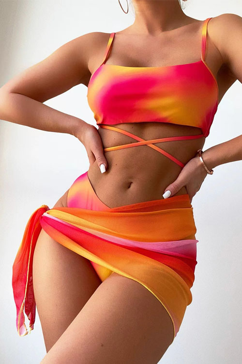 Nonnadress Tie-dye Three-piece Mesh Skirt Split Bikini