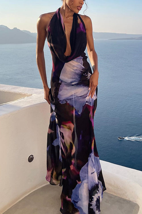 Nonnadress Floral Printed Draped Neck Long Dress