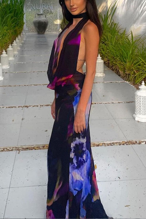 Nonnadress Floral Printed Draped Neck Long Dress
