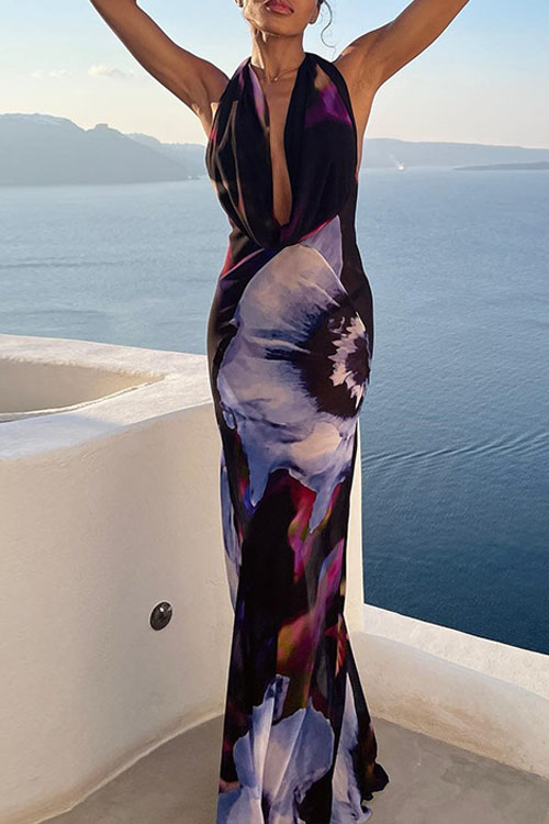 Nonnadress Floral Printed Draped Neck Long Dress