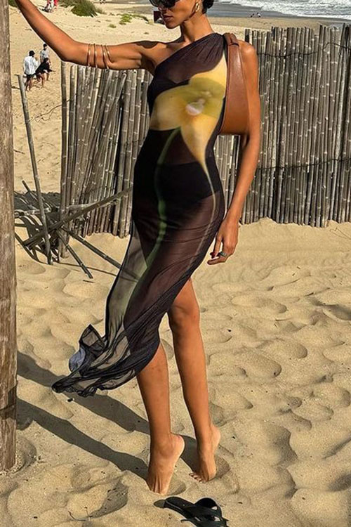 Nonnadress Mesh Printed Sheer One Shoulder Sleeveless Slit Dress