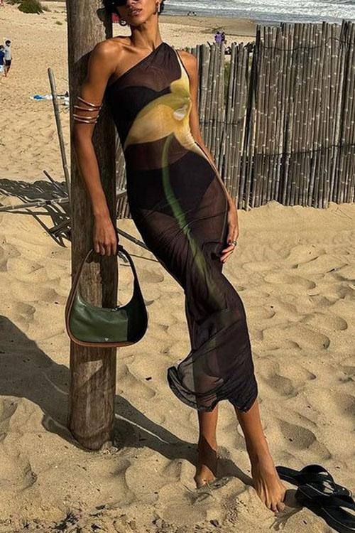 Nonnadress Mesh Printed Sheer One Shoulder Sleeveless Slit Dress