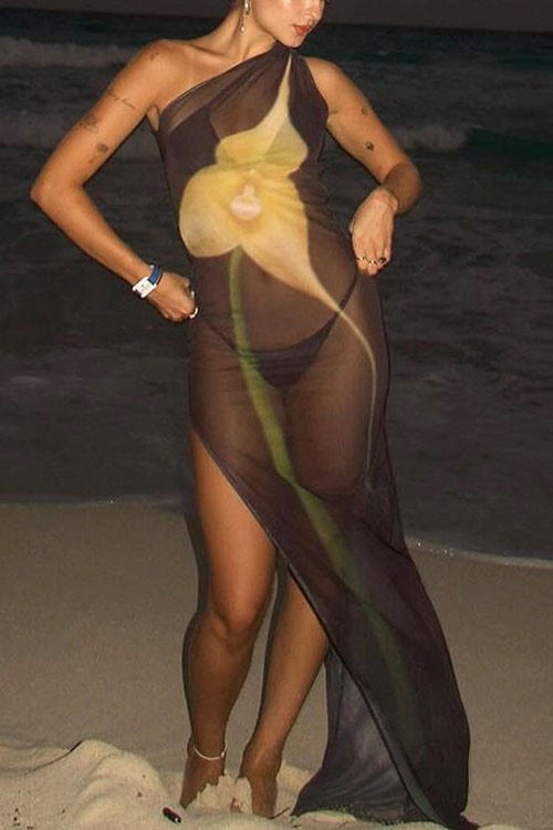 Nonnadress Mesh Printed Sheer One Shoulder Sleeveless Slit Dress