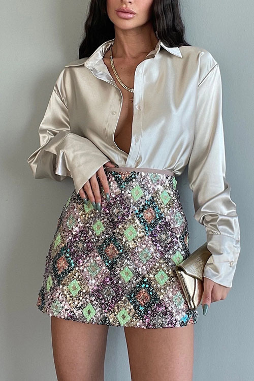 Nonnadress Lapel Long Sleeve Buttoned Elegant Slim Satin Blouse