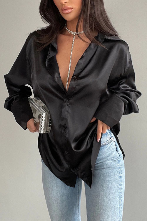 Nonnadress Lapel Long Sleeve Buttoned Elegant Slim Satin Blouse