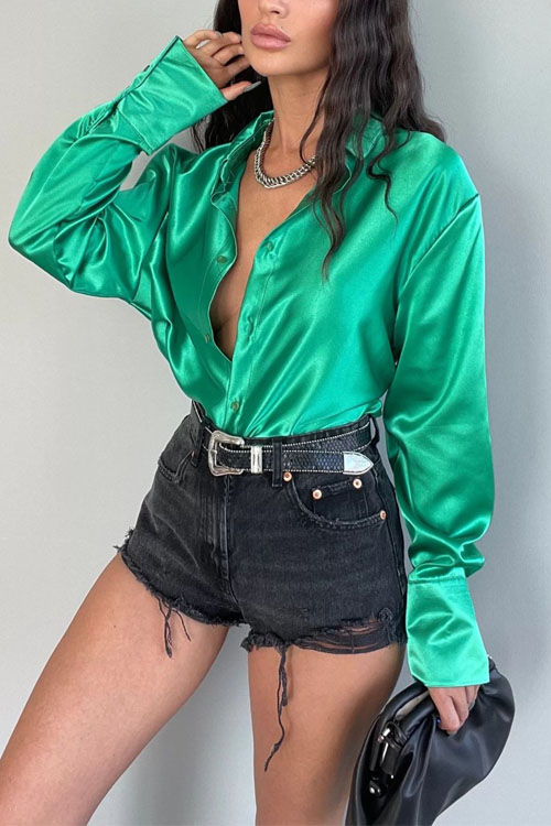 Nonnadress Lapel Long Sleeve Buttoned Elegant Slim Satin Blouse