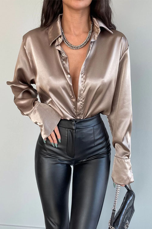 Nonnadress Lapel Long Sleeve Buttoned Elegant Slim Satin Blouse