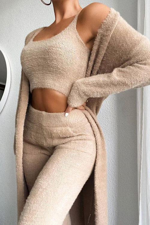 Nonnadress V-neck Plush Short Vest Long Pants Three-piece Set