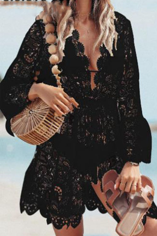 Kathiadress Lace Long Sleeve V-neck Chic Dress