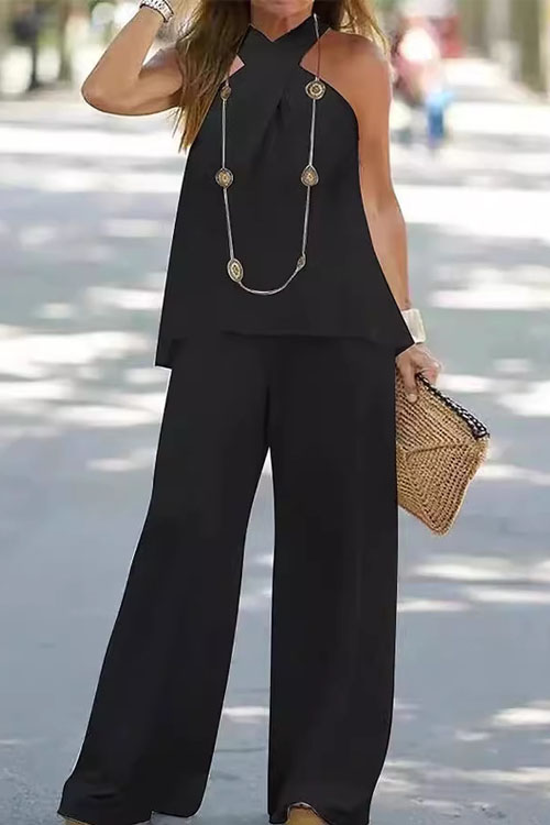 Nonnadress Casual Halter Solid Color Sleeveless Suit Long Pants Two-piece Set