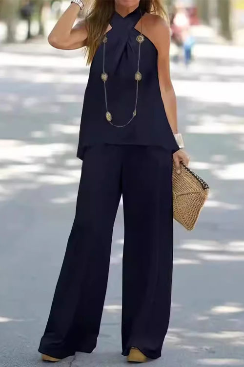 Nonnadress Casual Halter Solid Color Sleeveless Suit Long Pants Two-piece Set
