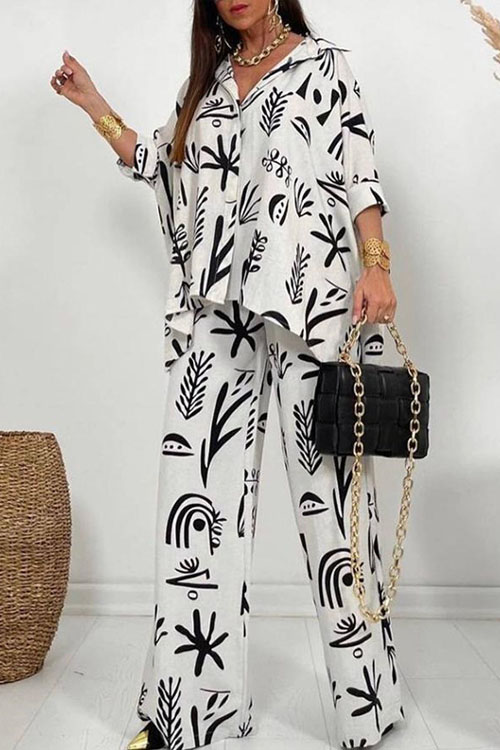 Straight Leg Printed Pants Loose Button-up Shirt Two-Piece Set
