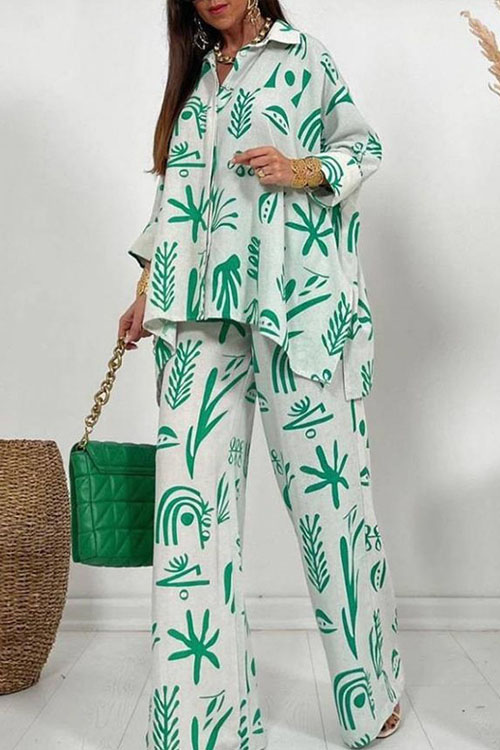 Straight Leg Printed Pants Loose Button-up Shirt Two-Piece Set