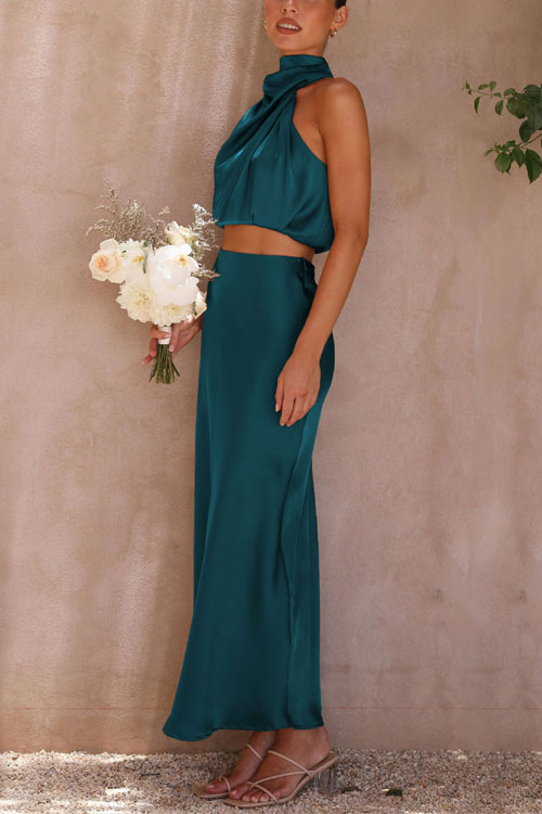 Kathiadress Cowl Neck Top with Draped Hem Midi Skirt Evening Dress Set