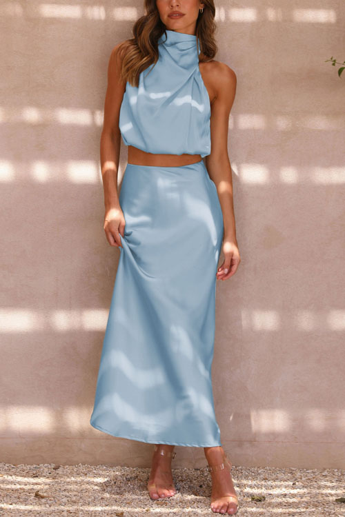 Kathiadress Cowl Neck Top with Draped Hem Midi Skirt Evening Dress Set