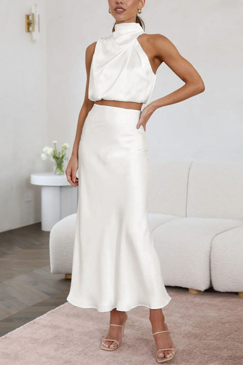 Kathiadress Cowl Neck Top with Draped Hem Midi Skirt Evening Dress Set