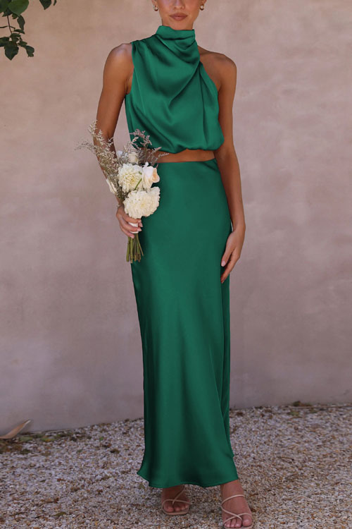 Kathiadress Cowl Neck Top with Draped Hem Midi Skirt Evening Dress Set