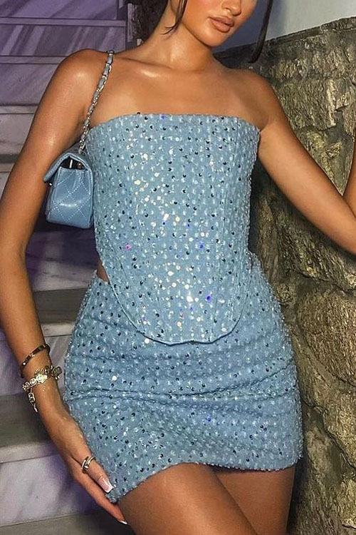 Nonnadress Denim Sequin Slim Fit Bandeau Wide Leg Pants