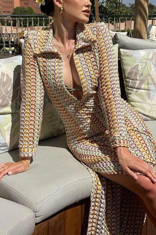 Nonnadress Handmade Crochet Hollow Out Beach V-neck Split Dress