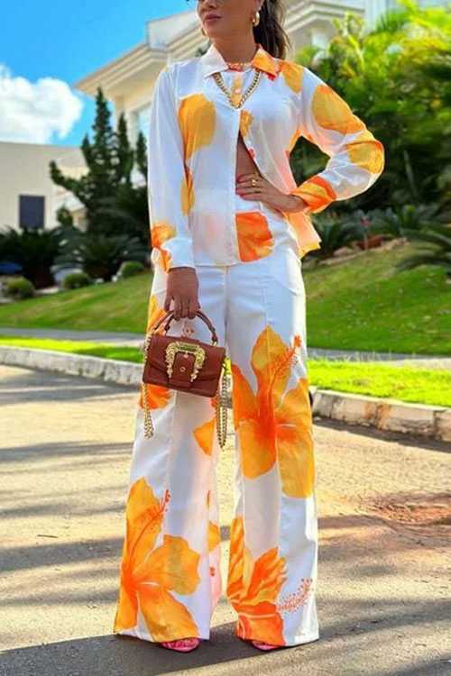 Nonnadress Printed Shirt & Wide Leg Pants Casual Two-piece Set