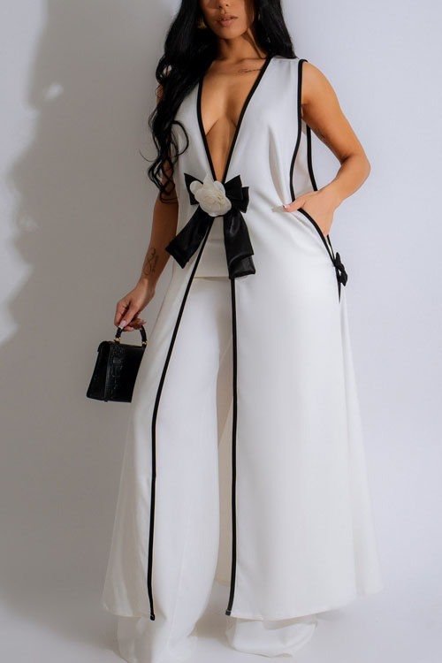 Nonnadress Camellia Bow Long Vest Wide Leg Pants Set