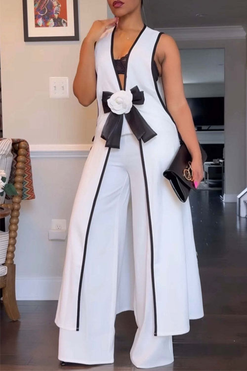 Nonnadress Camellia Bow Long Vest Wide Leg Pants Set