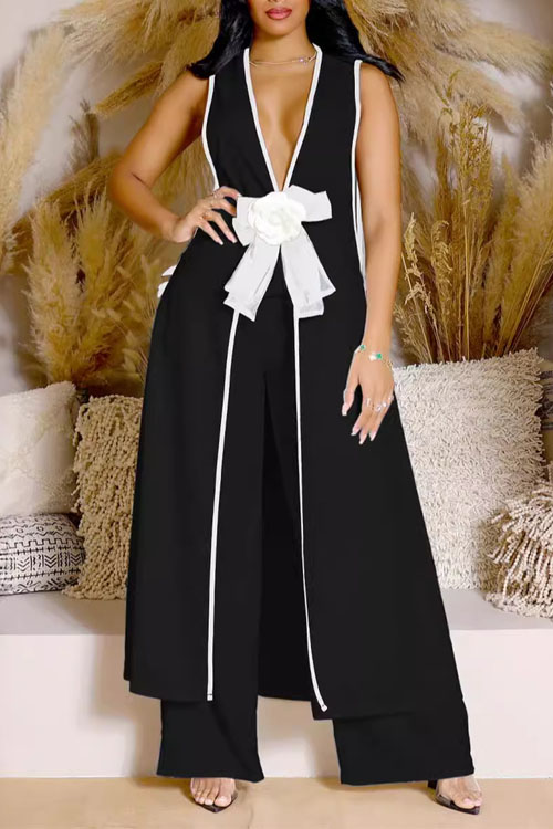 Nonnadress Camellia Bow Long Vest Wide Leg Pants Set