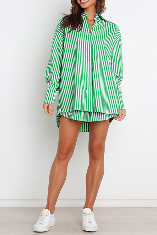 Nonnadress Stylish Striped Women's Shirt Shorts Two-piece Set