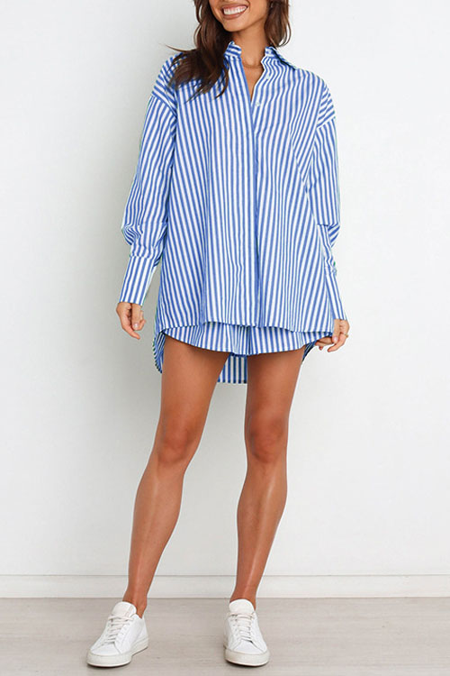 Nonnadress Stylish Striped Women's Shirt Shorts Two-piece Set