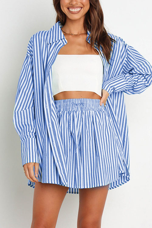 Nonnadress Stylish Striped Women's Shirt Shorts Two-piece Set