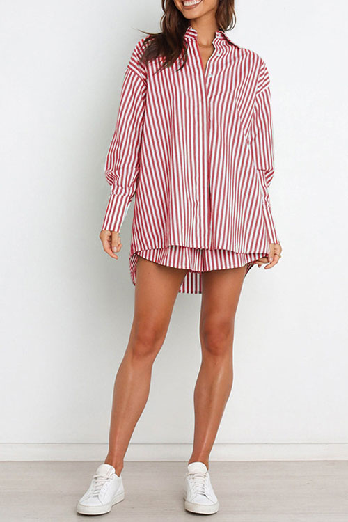 Nonnadress Stylish Striped Women's Shirt Shorts Two-piece Set
