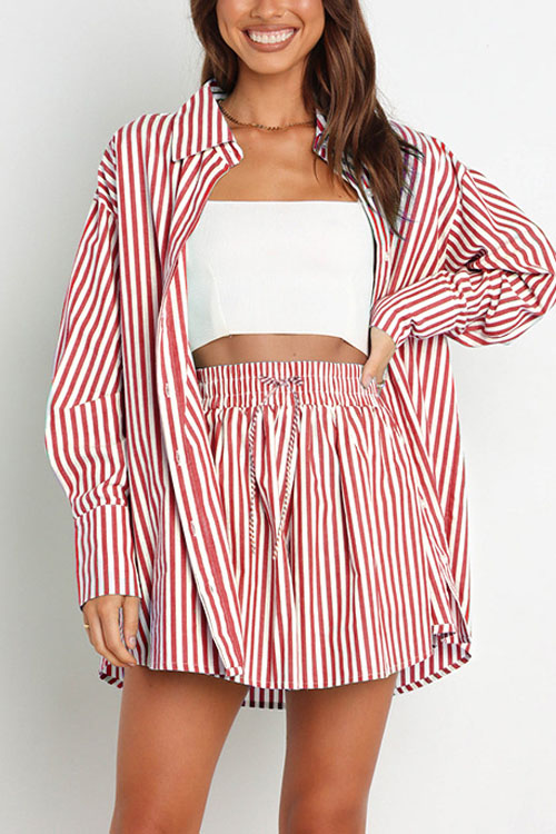 Nonnadress Stylish Striped Women's Shirt Shorts Two-piece Set