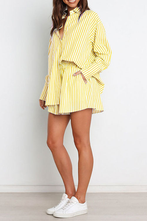 Nonnadress Stylish Striped Women's Shirt Shorts Two-piece Set