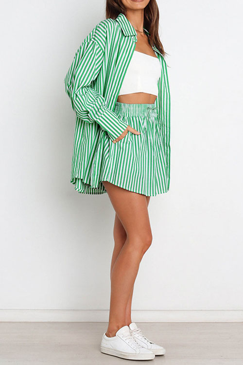 Nonnadress Stylish Striped Women's Shirt Shorts Two-piece Set