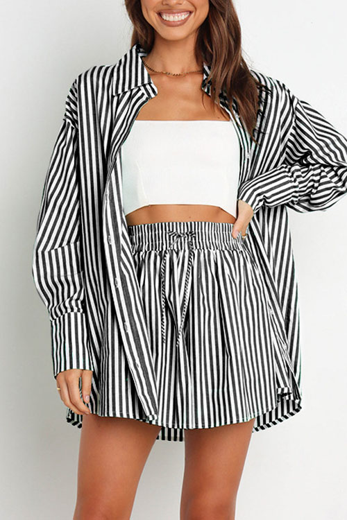 Nonnadress Stylish Striped Women's Shirt Shorts Two-piece Set