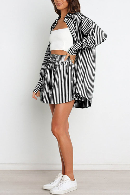 Nonnadress Stylish Striped Women's Shirt Shorts Two-piece Set