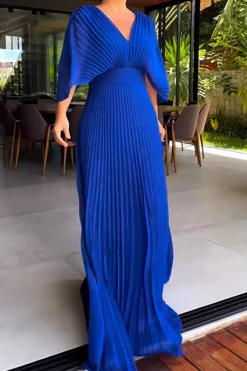 Nonnadress Solid Colour V-Neck Bat Sleeve High Waist Dress