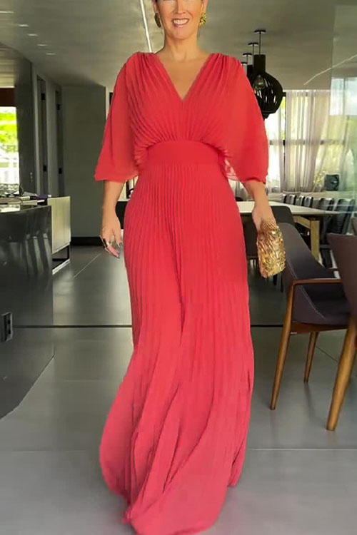 Nonnadress Solid Colour V-Neck Bat Sleeve High Waist Dress