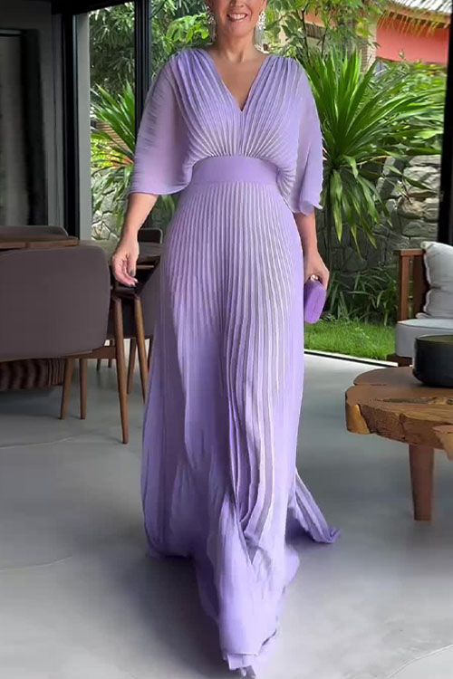 Nonnadress Solid Colour V-Neck Bat Sleeve High Waist Dress