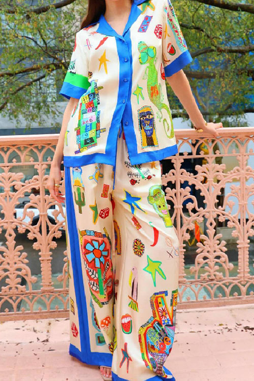 Nonnadress Graffiti Satin Lapel Shirt & Trousers Two-piece Set