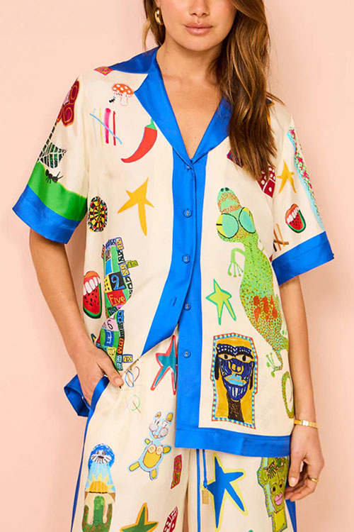 Nonnadress Graffiti Satin Lapel Shirt & Trousers Two-piece Set