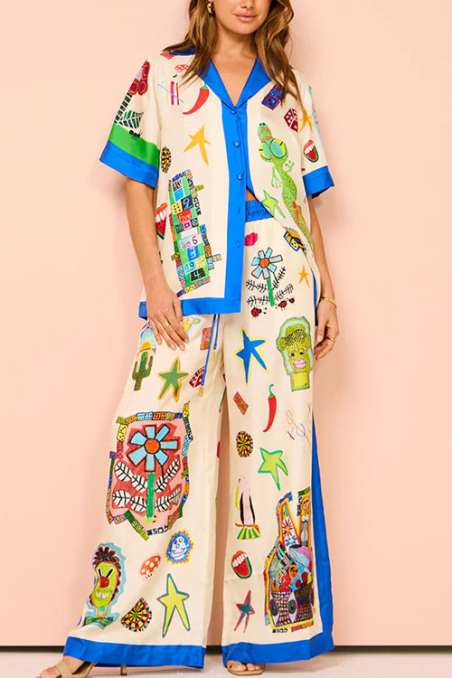 Nonnadress Graffiti Satin Lapel Shirt & Trousers Two-piece Set