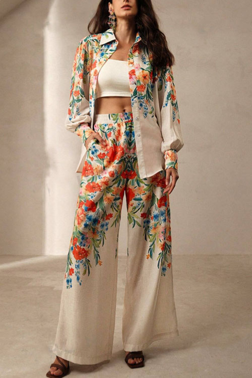 Nonnadress Floral Print Women's Shirt & Pants Holiday Set